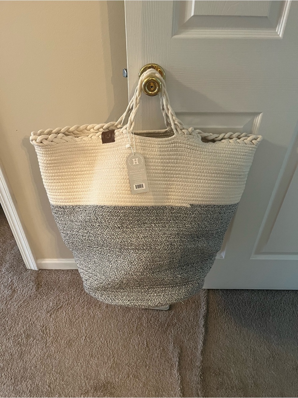 Braided-Trim Two-Tone Tote in Cream and Gray Laundry Basket!